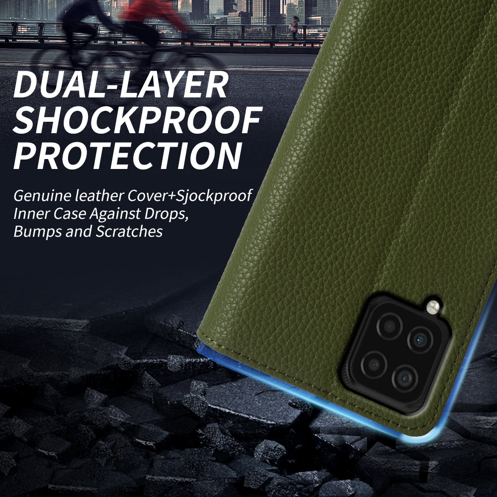 For Samsung Galaxy F22 Fall Proof Genuine Cow Leather Stand Cover Litchi Texture Wallet Phone Case For Samsung Galaxy F22 Fall Proof Genuine Cow Leather Stand Cover Litchi Texture Wallet Phone Case